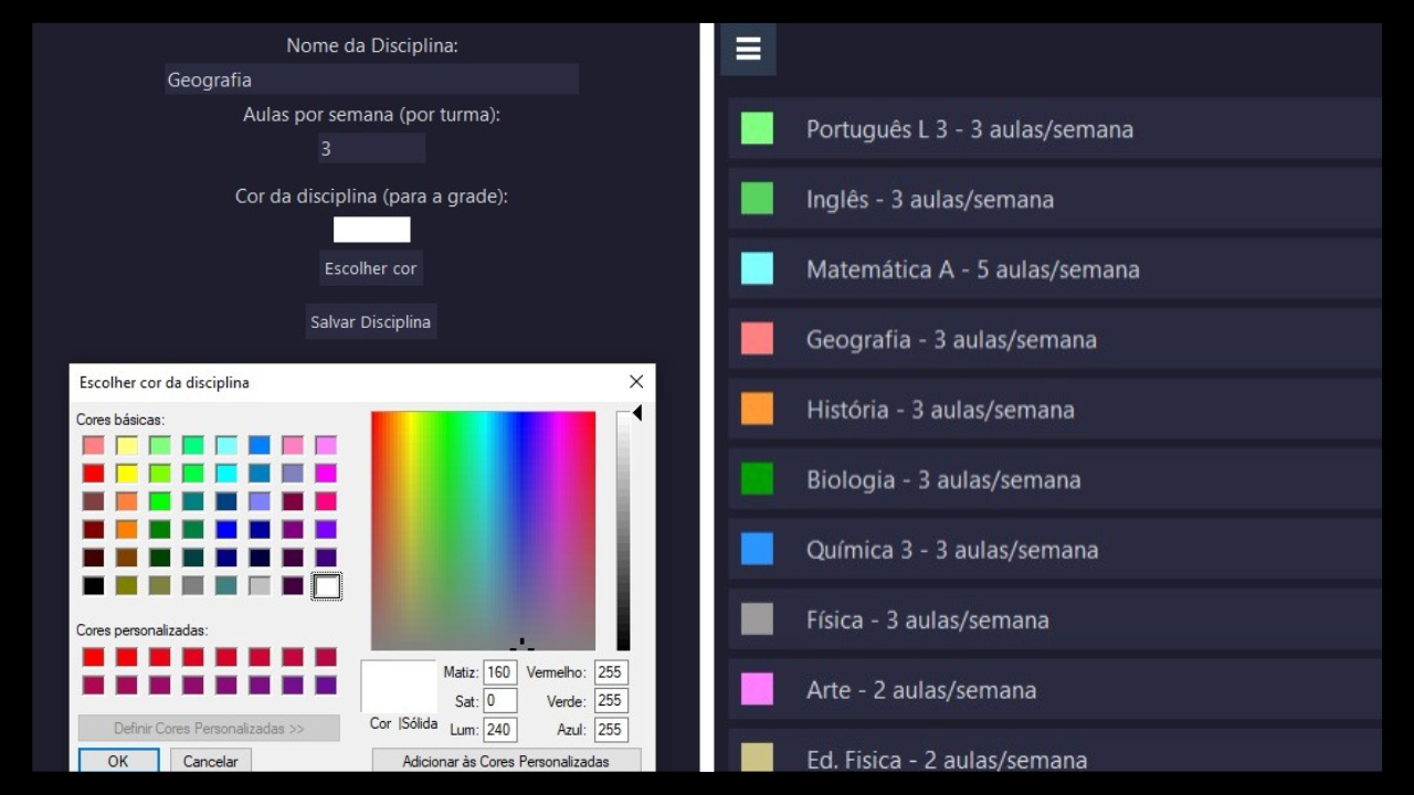 Cadastro de disciplinas